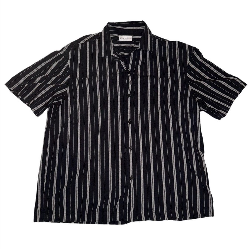 ZARA Striped Short Sleeve Button Up Shirt XL Black White Casual